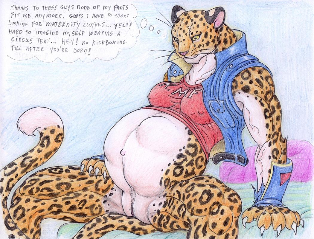bottomless breasts claws clothing english_text feline female fur jacket jane_gado leopard leovictor mammal navel pregnant pussy shina shirt solo spots spread_legs spreading tank_top text whiskers yellow_eyes yellow_fur