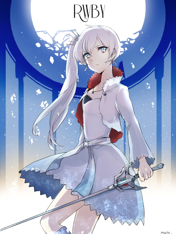 copyright_name earrings expressionless grey_eyes holding holding_sword holding_weapon jewelry left-handed long_hair mate@juken myrtenaster no_scar ponytail rwby signature solo sword weapon weiss_schnee