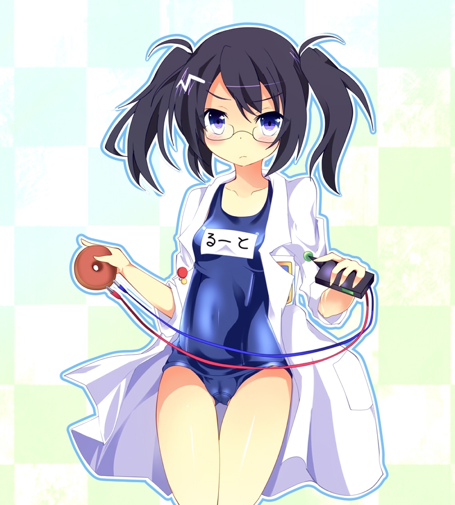 ass_visible_through_thighs bangs black_hair blue_eyes blue_swimsuit blush cable cameltoe character_name checkered checkered_background chihara_chiharu closed_mouth cowboy_shot doughnut food frown glasses gradient gradient_background holding labcoat looking_at_viewer name_tag old_school_swimsuit one-piece_swimsuit open_clothes outline pop'n_music root@chou_dou-ken school_swimsuit shiny shiny_clothes solo standing swimsuit swimsuit_under_clothes thigh_gap twintails