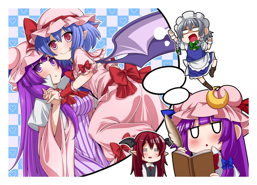 :d :o =_= blue_hair book braid eichi_yuu fang hair_ribbon hat head_wings holding_hands izayoi_sakuya koakuma maid maid_headdress moon multiple_girls open_mouth patchouli_knowledge pointy_ears purple_eyes purple_hair quill red_eyes red_hair remilia_scarlet ribbon silver_hair smile touhou triangle_mouth v-shaped_eyebrows wings