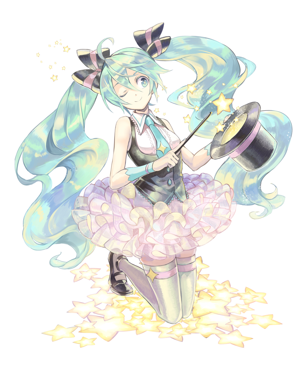 ahoge bad_id bad_pixiv_id green_eyes green_hair hat hatsune_miku highres kneeling long_hair magician necktie one_eye_closed osamu_(jagabata) skirt smile solo star thighhighs top_hat twintails very_long_hair vocaloid wand