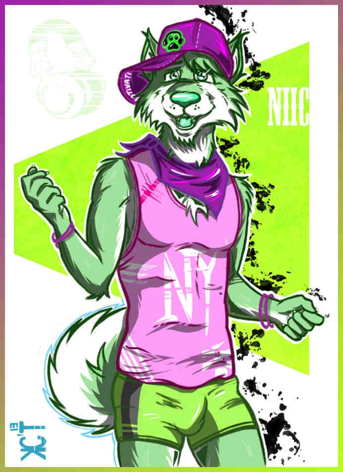 bandanna baseball_cap border bracelet bulge clothing cyan_nose cyan_tongue ear_tuft fluffy_tail fur green_bottomwear green_fur hat jewelry kcee niic open_mouth pawprint pink_topwear shirt shirt_logo shorts tuft