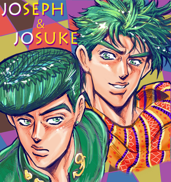 father_and_son green green_eyes green_hair higashikata_jousuke jojo_no_kimyou_na_bouken joseph_joestar_(young) lovekey multiple_boys pompadour scarf spiked_hair
