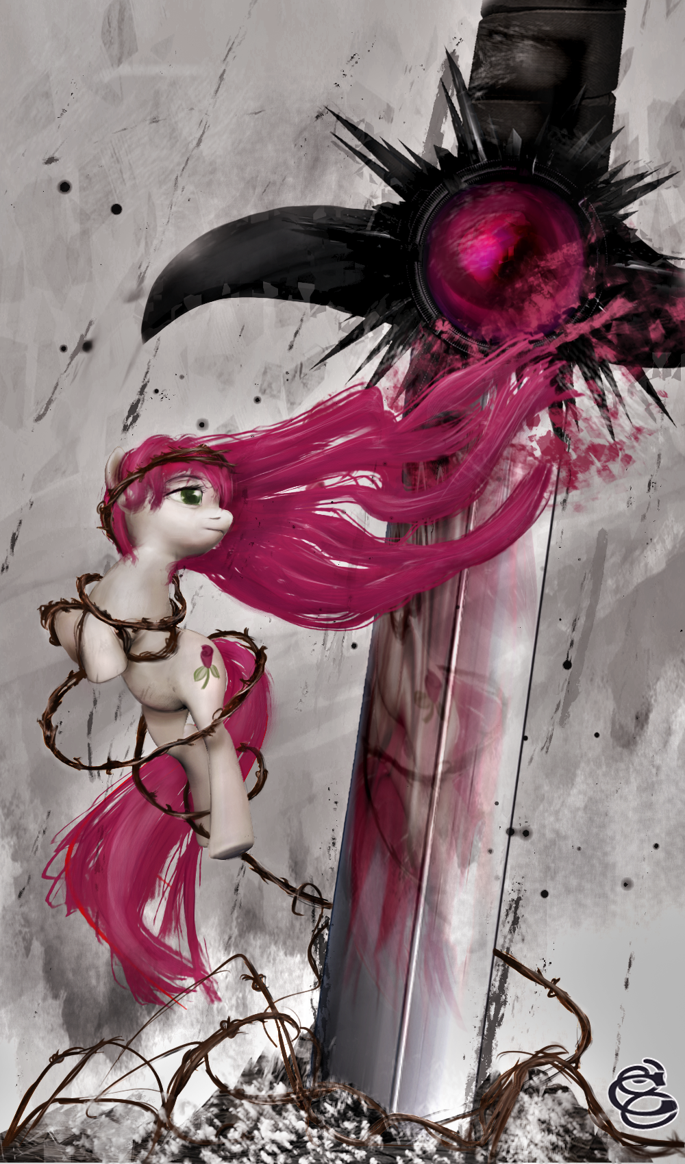 equine female feral friendship_is_magic fur green_eyes hair horse long_hair mammal miradge my_little_pony pink_hair pony red_hair reflection rose_(mlp) solo sword thorns two_tone_hair vine weapon white_fur