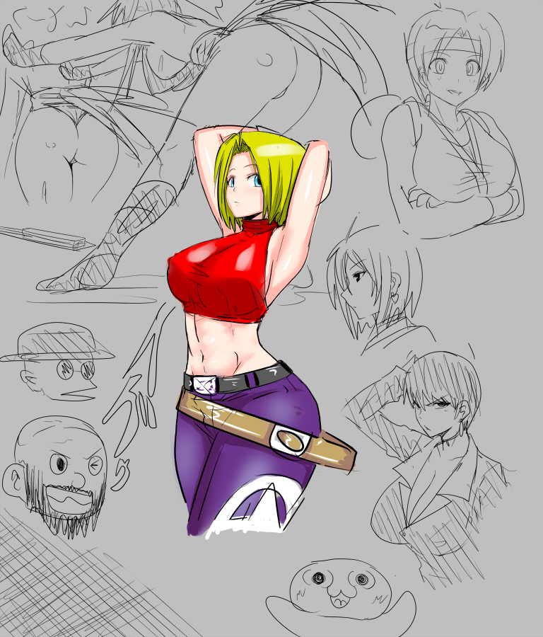 armpits arms_behind_head arms_up ass bare_shoulders belt blonde_hair blue_eyes blue_mary bob_cut breasts chang_koehan choi_bounge collage crop_top cropped_legs halter_top halterneck large_breasts midriff multiple_belts navel okyou pants shiranui_mai short_hair sideboob sketch the_king_of_fighters toned vice whip_(kof) yuri_sakazaki
