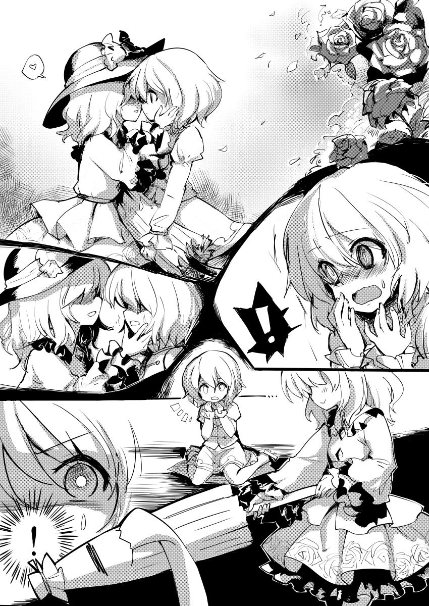 2girls bad_id bad_pixiv_id chagen_kokimu comic flower greyscale hat heart highres komeiji_koishi monochrome multiple_girls short_hair silent_comic spoken_heart tatara_kogasa touhou umbrella yuri