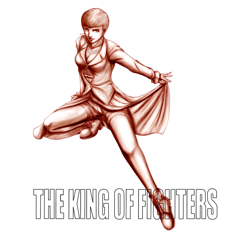 boots breasts cleavage earrings fujiwaru jewelry long_skirt medium_breasts monochrome pantyhose sepia short_hair shorts shorts_under_skirt skirt solo the_king_of_fighters vice