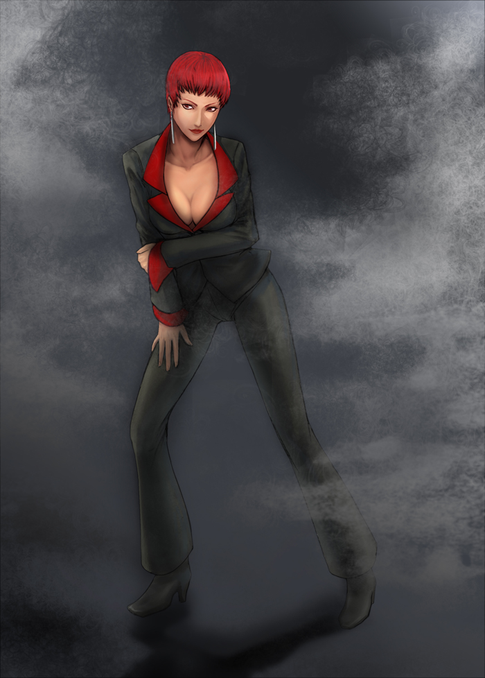 breasts cleavage collarbone earrings formal full_body hand_on_thigh holding_arm jewelry large_breasts lipstick makeup no_bra nose pant_suit red_eyes red_hair shirosaba_(a_a) short_hair smoke solo suit the_king_of_fighters vice