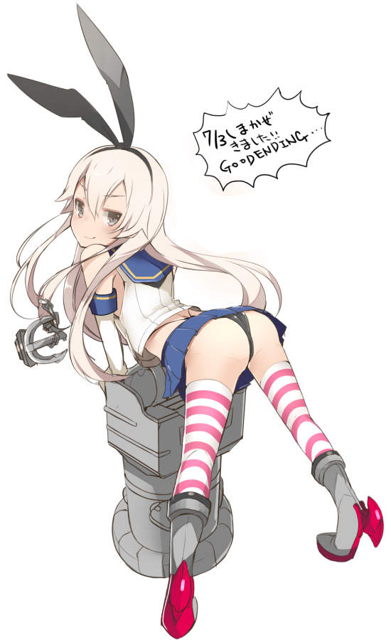 anchor ass banned_artist bent_over black_panties blush elbow_gloves gloves grey_eyes hair_ornament hairband kantai_collection long_hair looking_at_viewer panties rensouhou-chan shimakaze_(kantai_collection) skirt smirk solo striped striped_legwear tetsubuta thighhighs thong translated underwear white_gloves white_hair