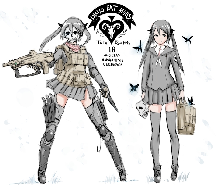 black_hair black_legwear bug bullpup butterfly combat_knife crest dual_persona dual_wielding elbow_pads flat_chest greaves greek hair_ribbon hakuaki holding holster insect knee_pads knife latin load_bearing_vest long_hair mask military_operator milizian! motto neckerchief original ribbon school_uniform skirt thigh_holster thighhighs trigger_discipline twintails weapon