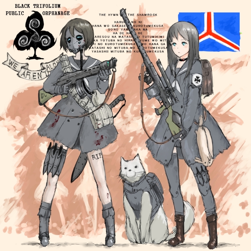 armband backpack bag bandolier battle_rifle black_hair black_legwear blue_eyes blush_stickers boots brown_hair bunny choker crest dog fingerless_gloves flag gas_mask gloves gun hakuaki holster knife long_hair machete milizian! motto multiple_girls original rifle scabbard school_uniform scope serafuku sheath short_hair sniper_rifle socks tattoo thigh_holster thighhighs throwing_knife weapon