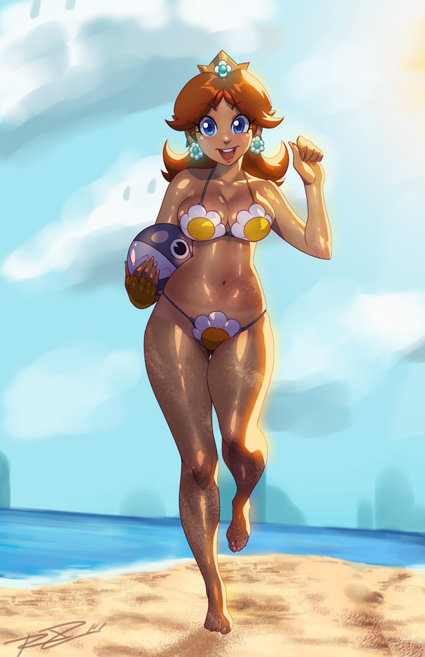 bad_id bad_tumblr_id ball barefoot beach beachball bikini blue_eyes breasts brown_hair chain_chomp cleavage crown curvy day earrings full_body jewelry large_breasts long_hair mario_(series) navel ocean open_mouth princess_daisy robert_porter shiny shiny_skin sideboob signature smile solo super_mario_bros. swimsuit tan tanline toes