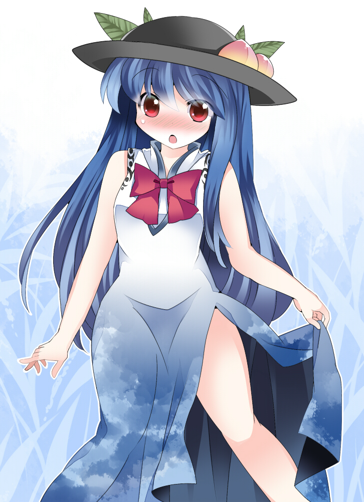 alternate_costume blue_hair blush commentary_request dress food fruit hammer_(sunset_beach) hat hinanawi_tenshi long_hair looking_at_viewer open_mouth peach red_eyes revision skirt skirt_set solo touhou translation_request