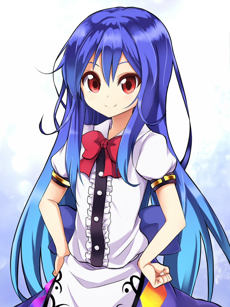 amano_kouki blue_hair bow clenched_hand hands_on_hips hinanawi_tenshi long_hair no_hat no_headwear red_eyes smile solo touhou