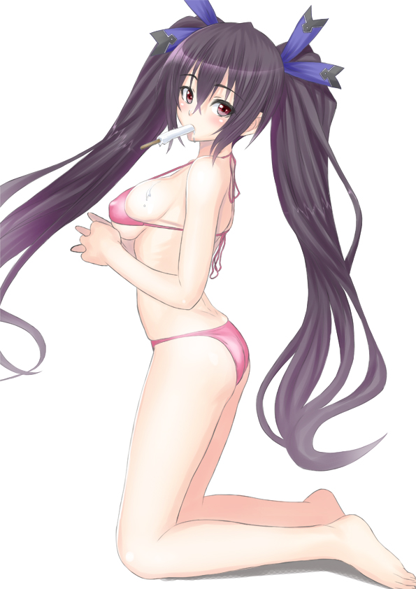 ass barefoot bikini black_hair breasts brown_eyes covered_nipples food kneeling large_breasts long_hair looking_at_viewer mouth_hold muffin_(sirumeria) neptune_(series) noire popsicle red_bikini sideboob simple_background skindentation solo strap_gap swimsuit twintails underboob very_long_hair white_background