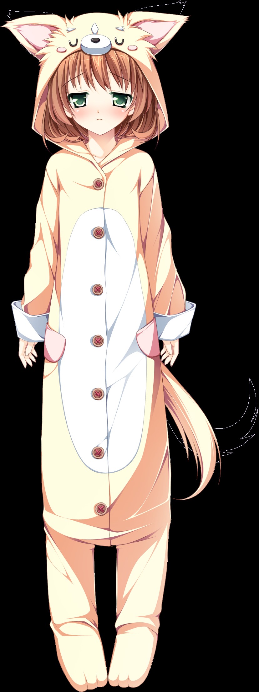 1girl brown_hair formal game_cg green_eyes highres inui_yuki kimishima_ao long_image otome_ga_tsumugu_koi_no_canvas pajamas short_hair solo suit tail tall_image