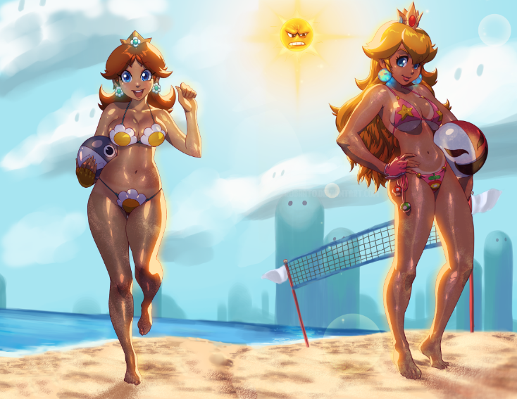 2girls angry_sun ball barefoot beach beachball bikini bikini_tan blonde_hair blue_eyes breasts brown_hair chain_chomp cleavage crown curvy day earrings feet fingerless_gloves full_body gloves glowing hand_on_hip jewelry large_breasts long_hair mario_(series) medium_breasts multiple_girls navel ocean oiled open_mouth phanto princess_daisy princess_peach robert_porter sand shiny shiny_skin side-tie_bikini sideboob signature smile strap_gap sun super_mario_bros. swimsuit tan tanline toes underboob