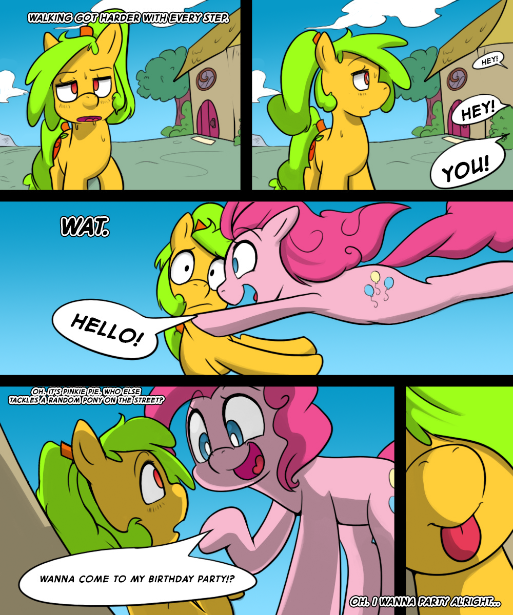 3mangos blush building comic cutie_mark dialog duo english_text equine female feral friendship_is_magic hair horse leaping mammal mango_(character) monochrome my_little_pony original_character outside pinkie_pie_(mlp) pony sweat text tongue tree walking