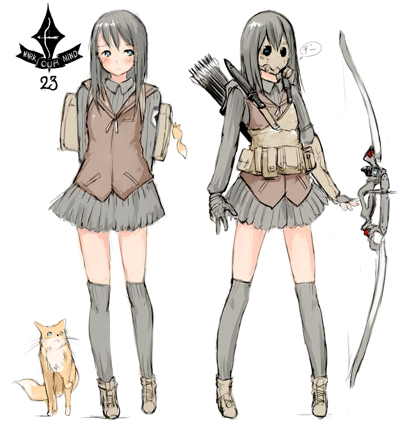 arms_behind_back arrow black_hair black_legwear blue_eyes blush bow_(weapon) combat_knife dual_persona fox gloves hakuaki knife load_bearing_vest mask military milizian! original over-kneehighs quiver school_uniform sheath sheathed skirt thighhighs waistcoat weapon zettai_ryouiki