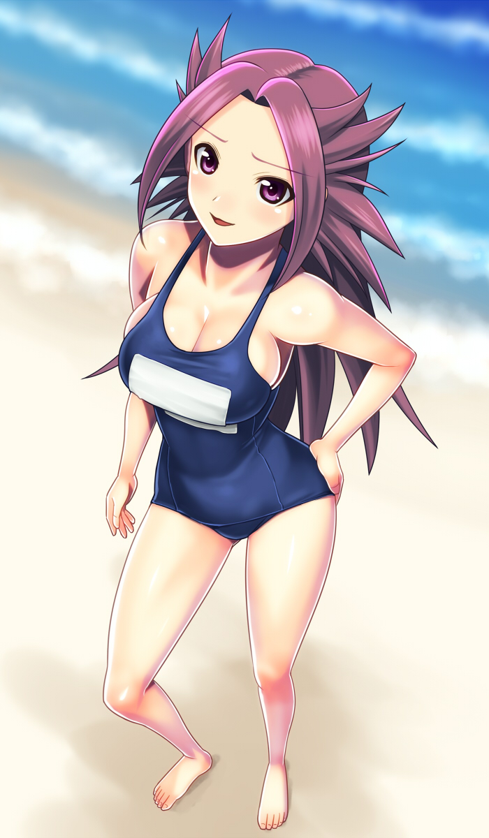 beach breasts cleavage hand_on_hip highres jun'you_(kantai_collection) kantai_collection large_breasts light_smile long_hair muhi11234 one-piece_swimsuit purple_eyes purple_hair sand school_swimsuit solo swimsuit thighs very_long_hair