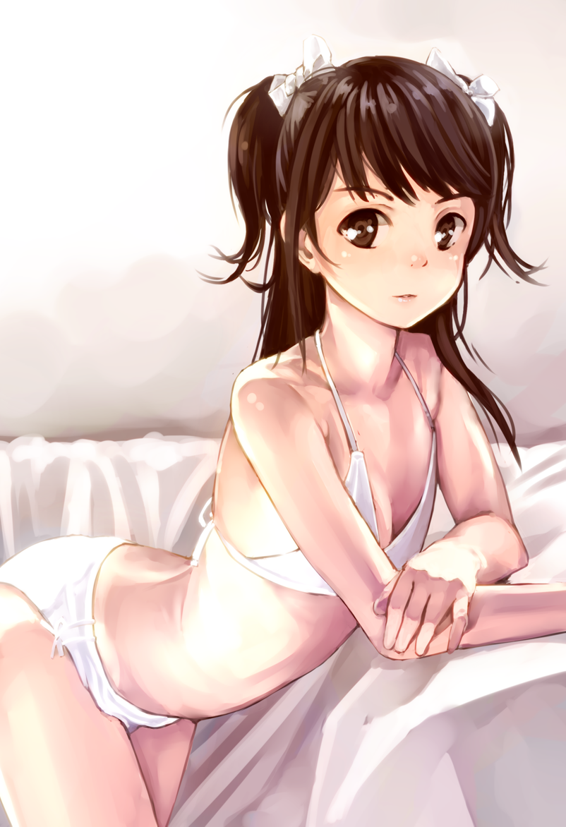 bad_id bad_pixiv_id bed_sheet black_hair bow bra breasts brown_eyes cleavage collarbone hair_bow long_hair looking_at_viewer original panties pvmivs small_breasts solo two_side_up underwear underwear_only white_bow white_bra white_panties