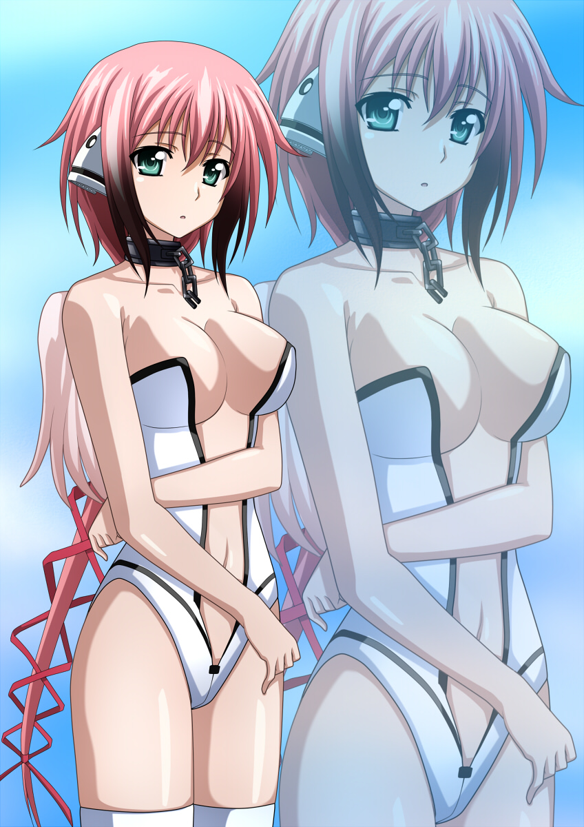 :o bare_shoulders breasts center_opening chain cleavage collar green_eyes highres ikaros kenken large_breasts long_hair pink_hair solo sora_no_otoshimono very_long_hair wings zoom_layer