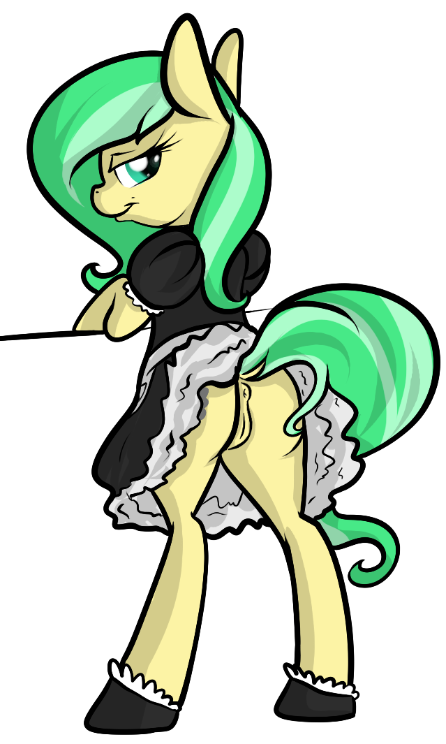 butt cyan_eyes female friendship_is_magic green_eyes green_hair hair invalid_tag looking_back maid maid_uniform my_little_pony original_character petite_fleur plain_background presenting puffy_anus pussy raised_tail rawrcharlierawr socks solo standing two_tone_hair white_background