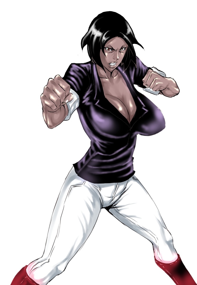 1girl angry bleach breasts collarbone dark_skin highres jackie_tristan large_breasts shirt short_hair solo suzucon
