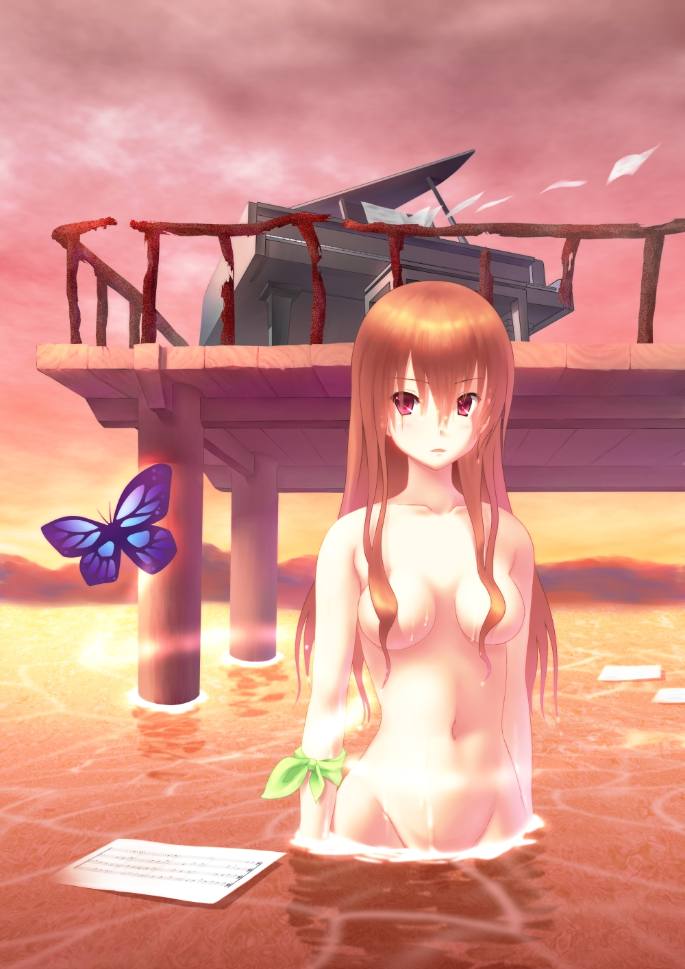 bad_id bad_pixiv_id breasts bug butterfly censored convenient_censoring dock ese_shinshi groin hair_censor hair_over_breasts highres insect instrument long_hair medium_breasts navel nude orange_hair original paper piano pier purple_eyes railing sheet_music skinny_dipping solo sunset twilight wading water wet wet_hair