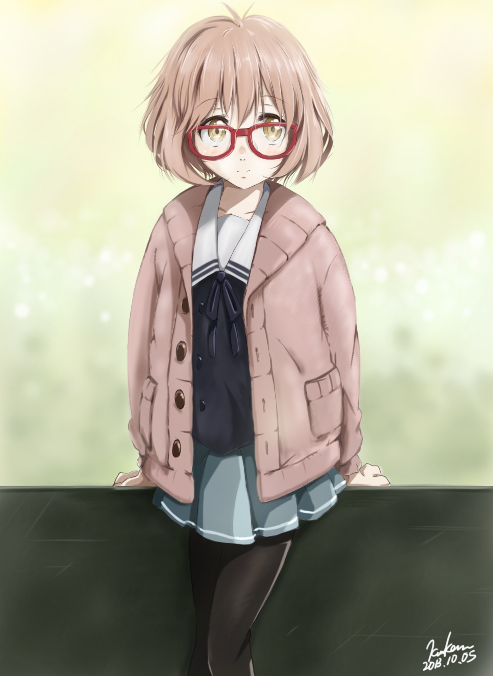 ahoge black_legwear bob_cut brown_hair cardigan dated glasses highres kem_kem kuriyama_mirai kyoukai_no_kanata light_smile pantyhose red-framed_eyewear school_uniform serafuku short_hair signature skirt solo yellow_eyes