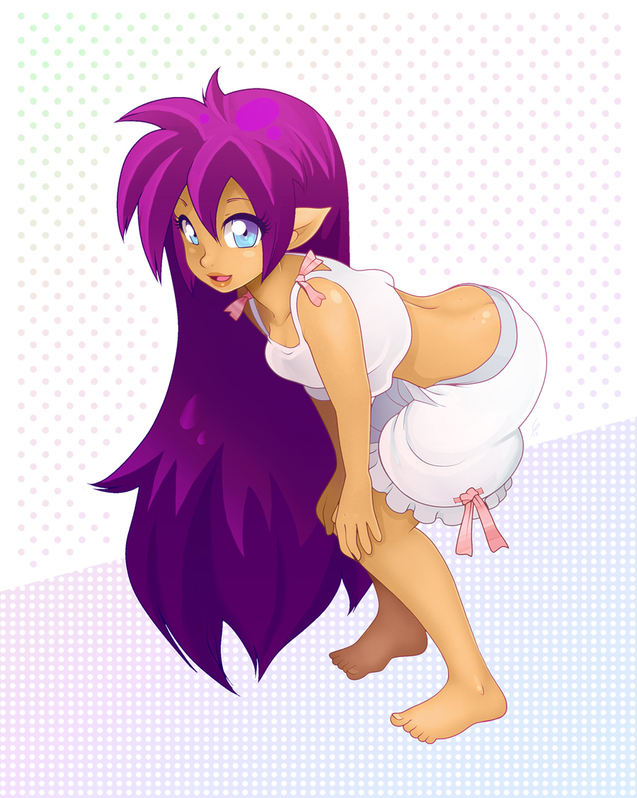 alternate_costume alternate_hairstyle back barefoot bent_over bloomers blue_eyes butt_crack camisole dark_skin hair_down hands_on_own_knees lips long_hair looking_at_viewer louis_lloyd-judson open_mouth pajamas pointy_ears purple_hair shantae:_half-genie_hero shantae_(character) shantae_(series) solo underwear underwear_only very_long_hair