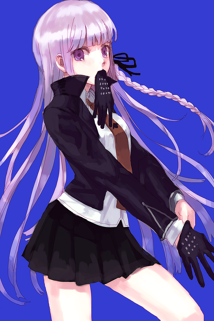 adjusting_clothes adjusting_gloves blue_background braid danganronpa danganronpa_1 dress_shirt glove_in_mouth gloves jacket kirigiri_kyouko leather leather_gloves leather_jacket long_hair looking_at_viewer mouth_hold necktie purple_eyes purple_hair putting_on_gloves ribbon shirt simple_background single_braid single_glove skirt solo watatsumi