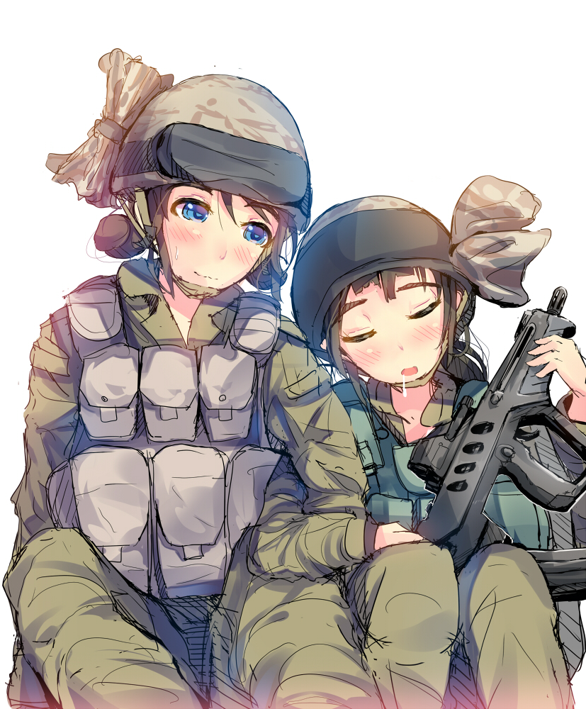assault_rifle blue_eyes blush brown_hair bulletproof_vest bullpup closed_eyes closed_mouth daito drooling gun helmet holding holding_gun holding_weapon imi_tavor_tar-21 long_sleeves military military_uniform multiple_girls open_mouth original pocket rifle saliva simple_background sitting sketch sleeping smile uniform weapon white_background