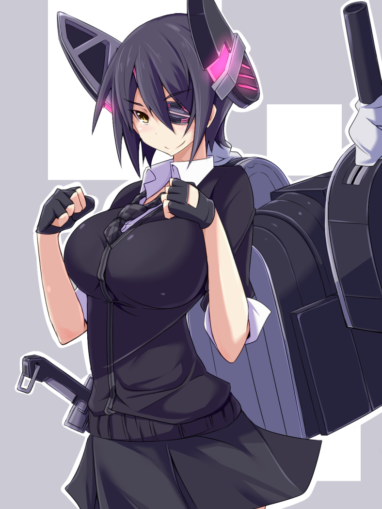 &gt;:) black_hair breasts cardigan eyepatch fingerless_gloves gloves kantai_collection kichihachi large_breasts necktie short_hair skirt smile solo sword tenryuu_(kantai_collection) v-shaped_eyebrows weapon yellow_eyes