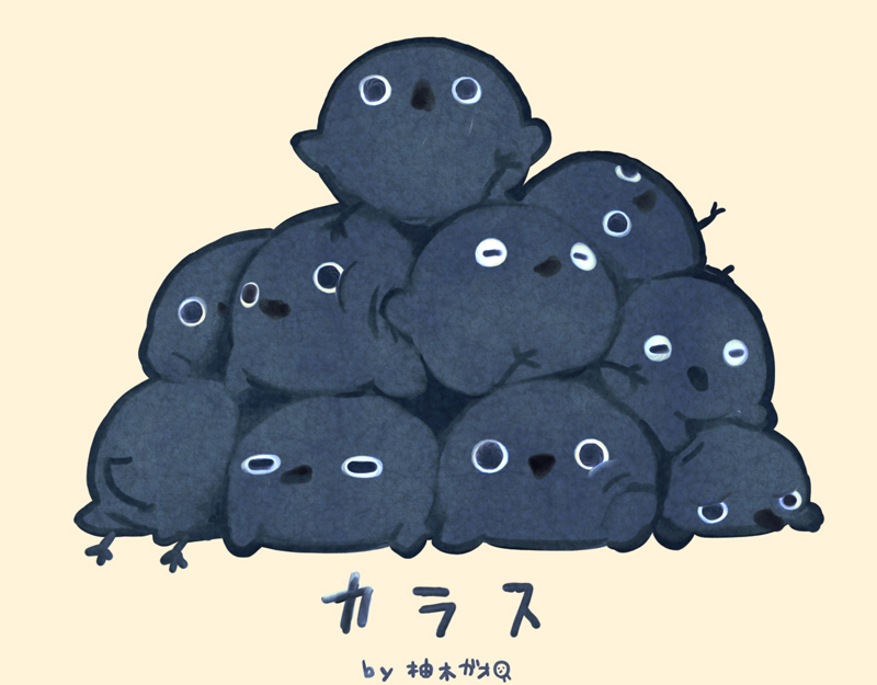 chibi crow dogpile flock no_humans original simple_background translated yellow_background yuzuki_gao