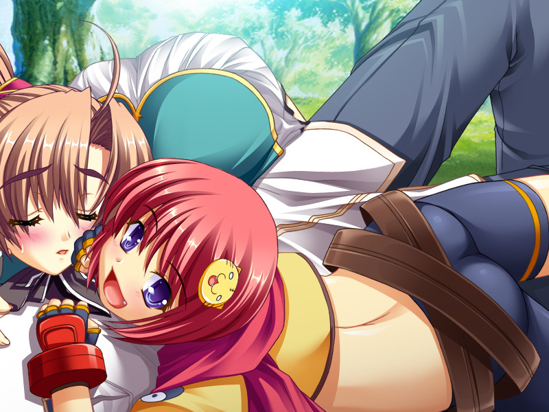 1boy 2girls bachou brown_hair cg chouhi eyes_closed game_cg koihime_musou multiple_girls ponytail purple_eyes yatsuha_kanan