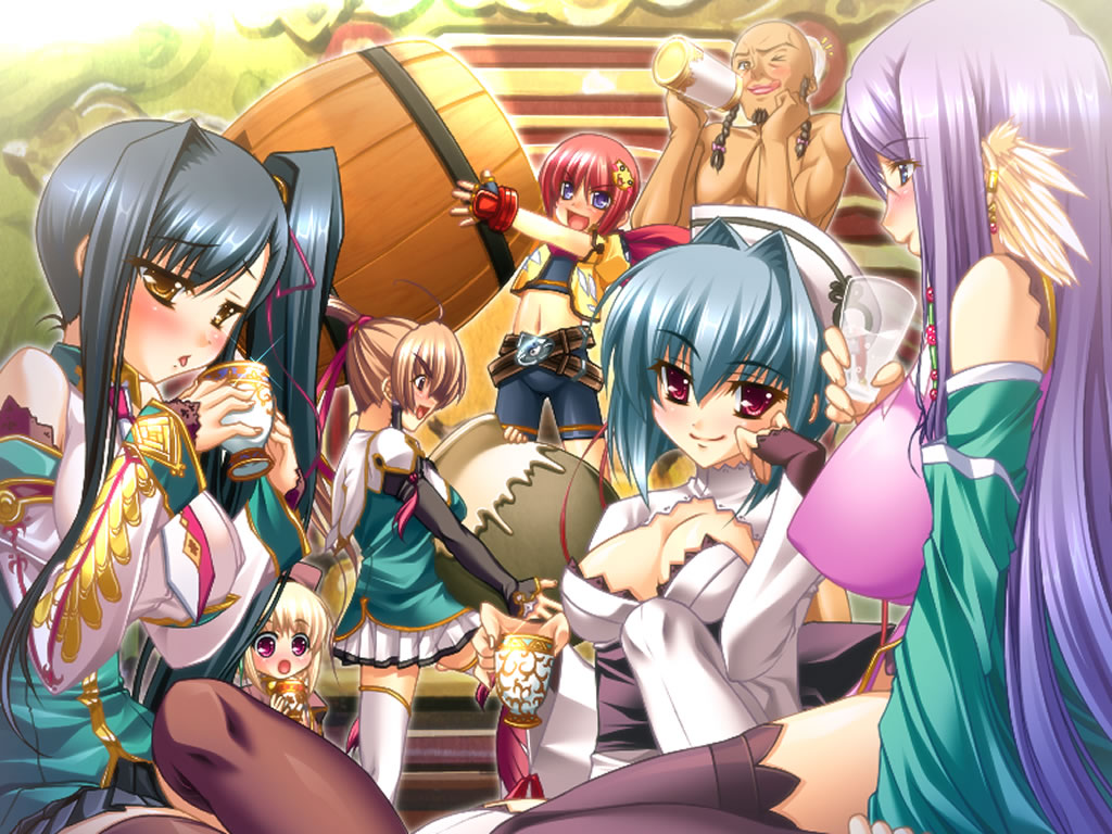 6+girls bachou barrel belt bike_shorts blonde_hair blue_hair blush breasts brown_hair chouhi chousen chouun drunk fang game_cg gloves huge_breasts jar kan'u kan'u katagiri_hinata koihime_musou kouchuu large_breasts long_hair multiple_girls ponytail purple_hair red_hair shokatsuryou side_ponytail skirt thighhighs yellow_eyes