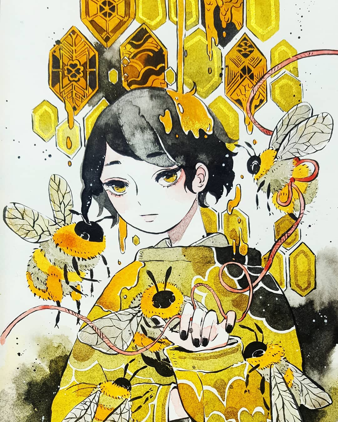 1girl bee black_hair black_nails bug clover expressionless eyebrows_visible_through_hair four-leaf_clover hexagon highres honey insect limited_palette long_sleeves looking_at_viewer maruti_bitamin nail_polish original oversized_insect portrait short_hair solo traditional_media watercolor_(medium) wings yellow_eyes