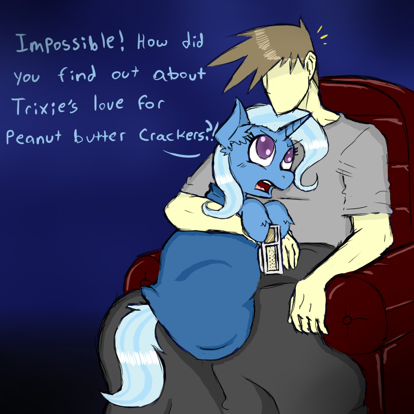 blue_fur chair clothing cracker dialog duo english_text equine faceless female feral food friendship_is_magic frown fur hair horn horse human ichibangravity long_hair male mammal my_little_pony open_mouth peanut_butter pony purple_eyes shirt sitting snack text tongue trixie_(mlp) two_tone_hair unicorn