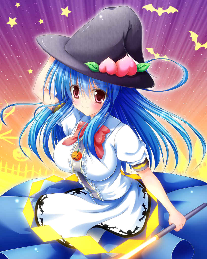 alternate_headwear bat blue_hair blush bow breasts food fruit hat hinanawi_tenshi impossible_clothes impossible_shirt large_breasts long_hair osashin_(osada) peach red_eyes shirt skirt smirk solo star sword_of_hisou touhou witch_hat