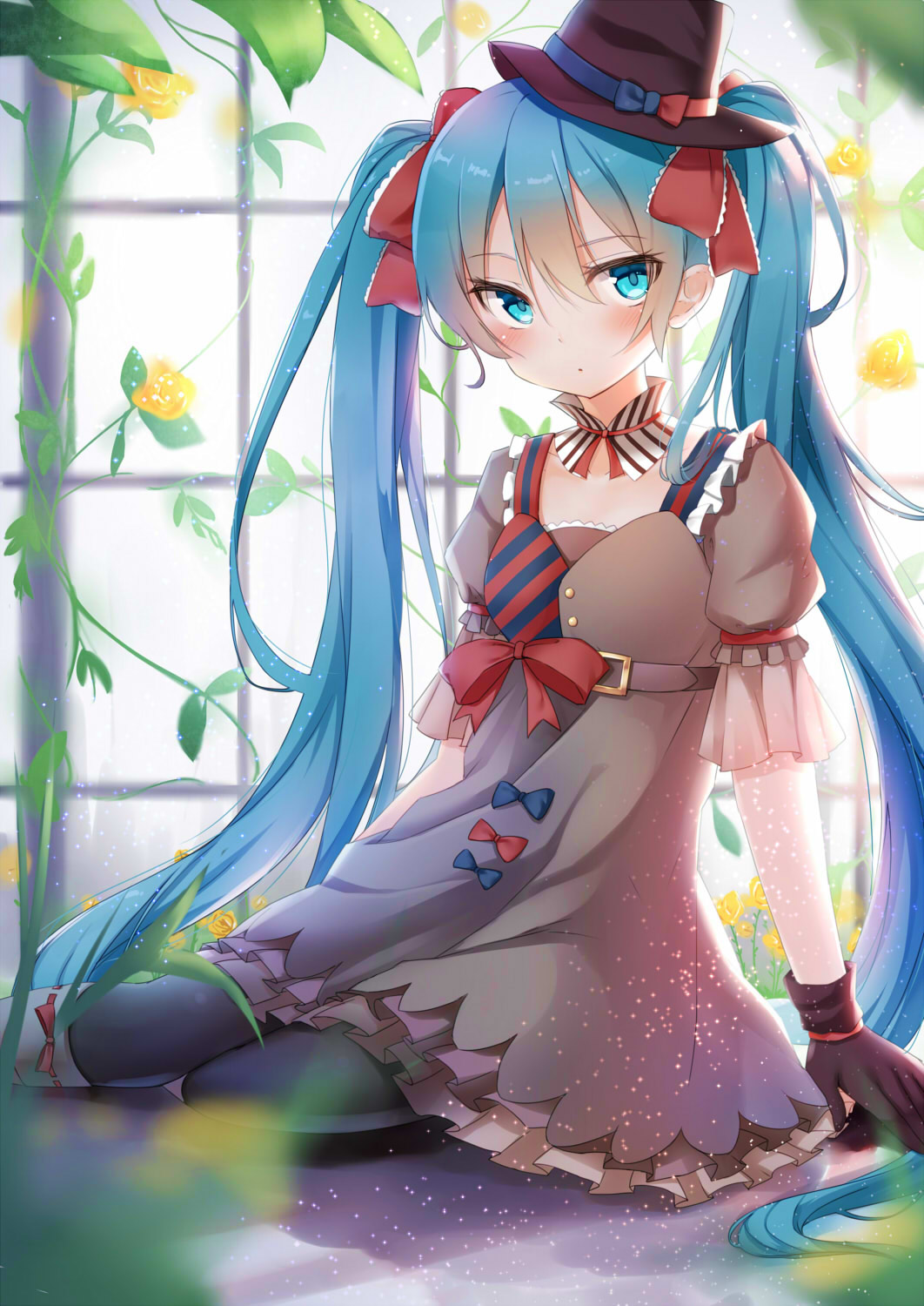 alexmaster aqua_eyes aqua_hair belt blush dress ennui_heiwa_miku gloves hair_ribbon hat hatsune_miku highres long_hair pantyhose ribbon sitting solo twintails very_long_hair vocaloid