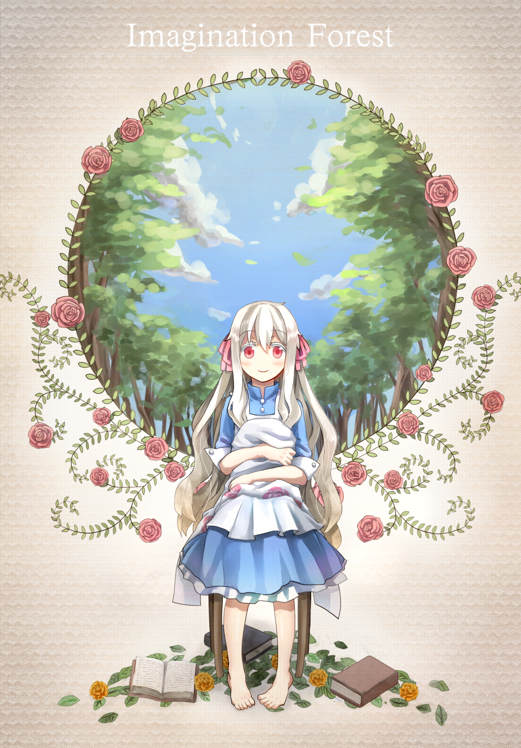 apron bad_id bad_pixiv_id barefoot blush book chair dress flower grey_hair hair_ribbon highres kagerou_project kozakura_marry long_hair maruyama-jp red_eyes ribbon rose sky smile solo souzou_forest_(vocaloid) tree