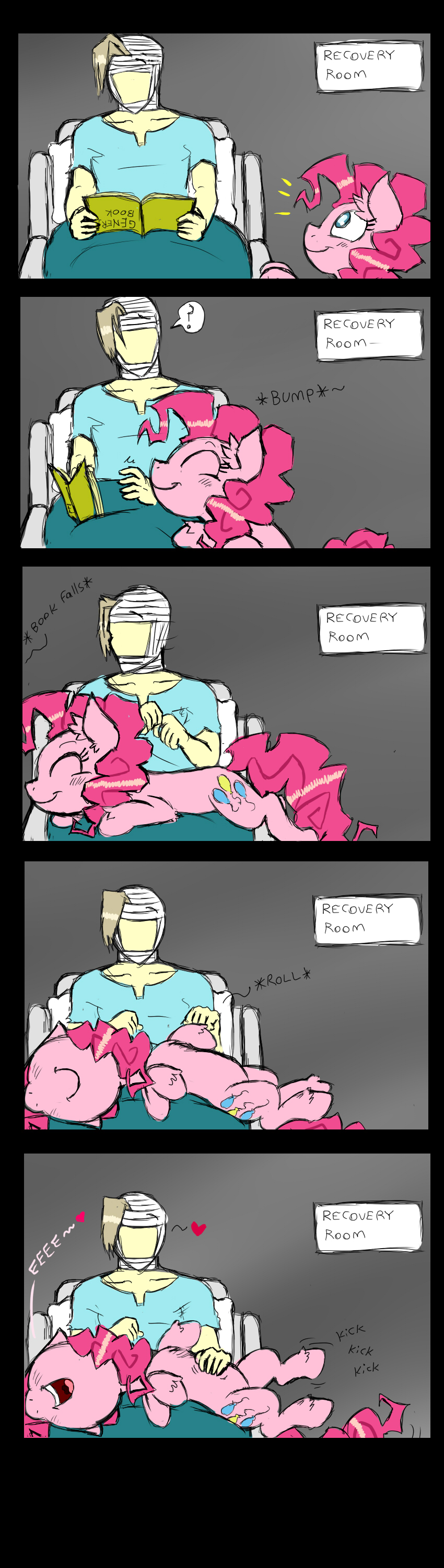 bandage bed belly belly_rub blanket blue_eyes book clothing comic cutie_mark dialog duo english_text equine eyes_closed faceless female feral friendship_is_magic fur hair horse human ichibangravity long_hair lying male mammal my_little_pony on_back on_front open_mouth pillow pink_fur pink_hair pinkie_pie_(mlp) pony shirt smile teeth text tongue wrap