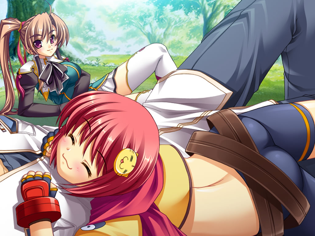 1boy 2girls bachou brown_hair cg chouhi eyes_closed game_cg koihime_musou multiple_girls pink_eyes ponytail yatsuha_kanan