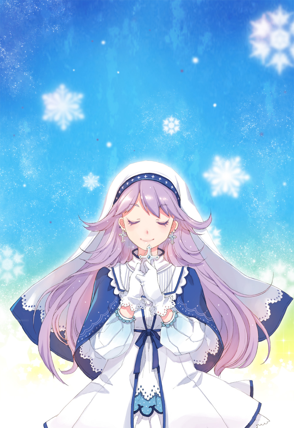ask_(dreaming_cat) closed_eyes cross earrings gloves highres jewelry long_hair necklace nun original purple_hair snowflakes solo