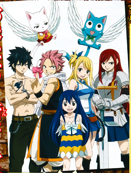 3girls armor black_hair blonde_hair blue_hair brown_eyes charle_(fairy_tail) erza_scarlet fairy_tail gray_fullbuster happy_(fairy_tail) lucy_heartfilia multiple_boys multiple_girls natsu_dragneel pink_hair red_hair sword tattoo weapon wendy_marvell wings