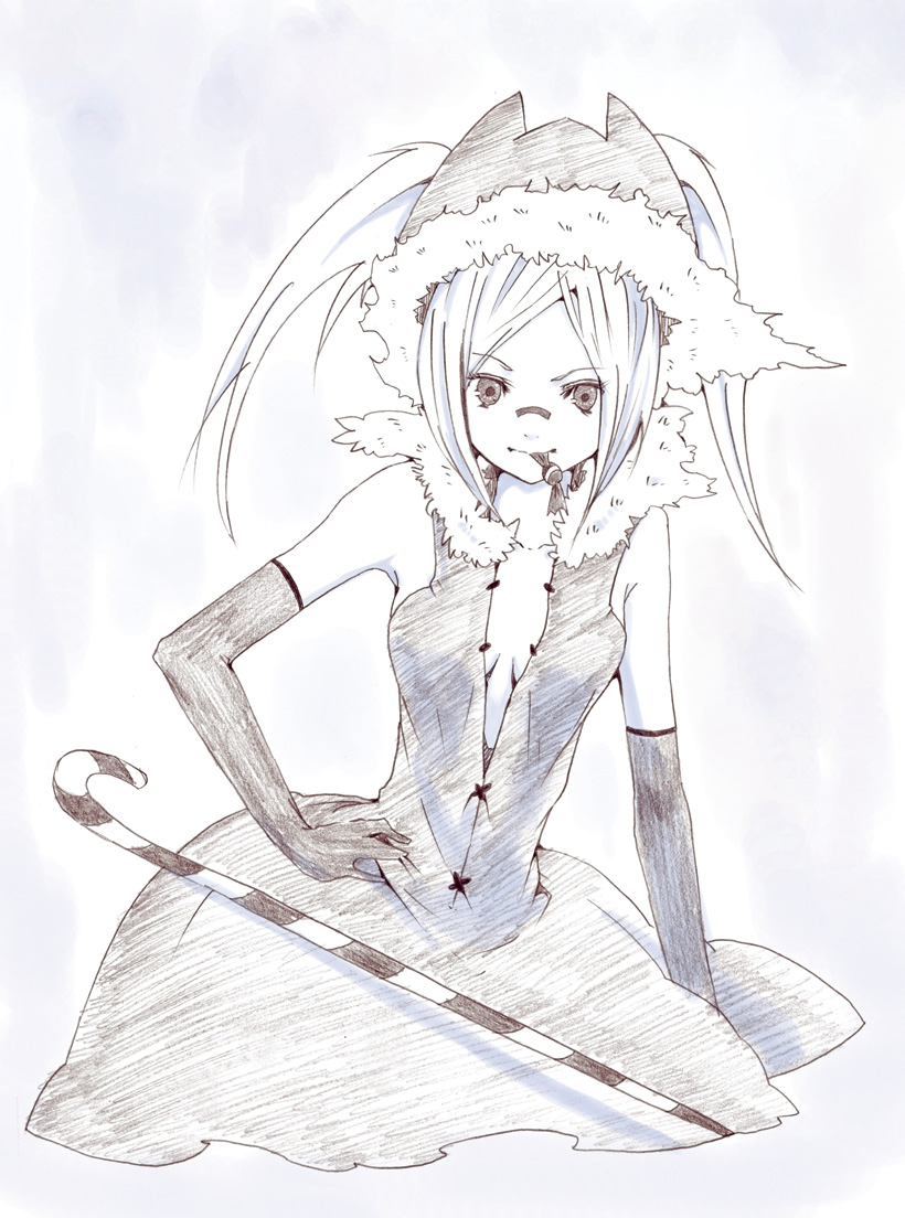 bad_id bad_pixiv_id blue brown candy candy_cane cane copyright_request dress elbow_gloves food fur_hat gloves gown hat hrd monochrome mouth_hold solo traditional_media