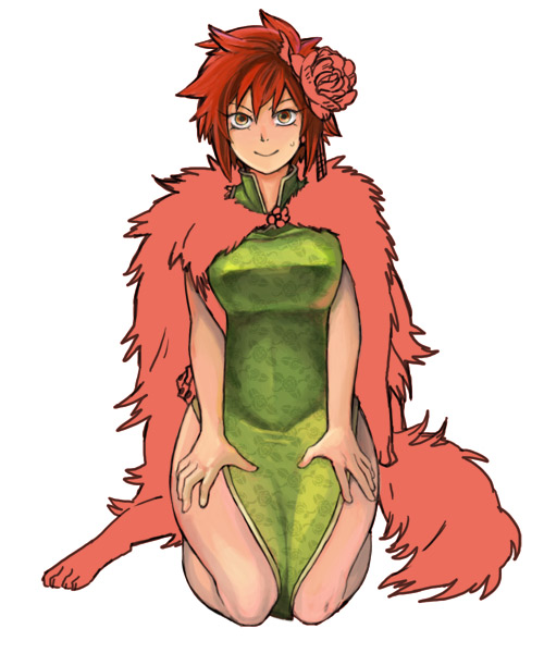 alternate_costume breasts china_dress chinese_clothes dress flower fur hair_flower hair_ornament large_breasts naoayatugu red_hair short_hair shut_hell shut_hell_(character) solo thighs