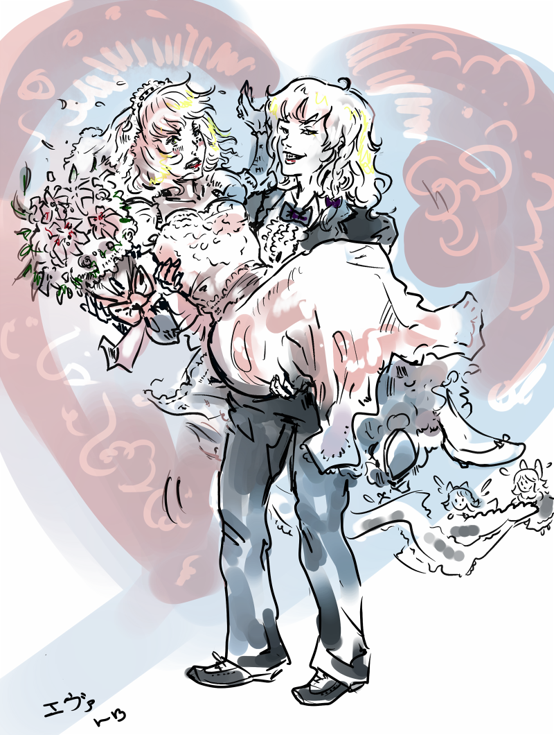 alice_margatroid blonde_hair bouquet bow bowtie braid carrying dress eva-st-clare flower formal heart kirisame_marisa multiple_girls pants princess_carry shanghai_doll short_hair side_braid suit touhou wedding_dress wife_and_wife yuri