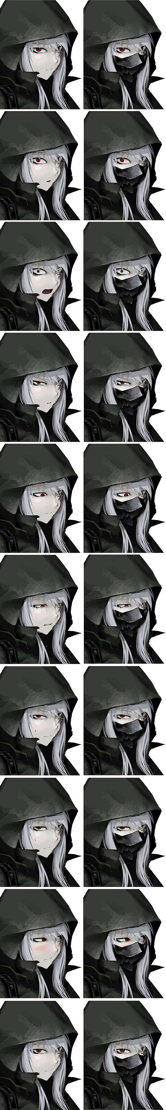 absurdres blush cloak constricted_pupils crying expressions hetza_(hellshock) highres long_hair long_image looking_away mask nagai_gojitsudan_no_nechronica navka_(hetza) open_mouth red_eyes scar silver_hair simple_background smile sweat sweatdrop tall_image tears white_background